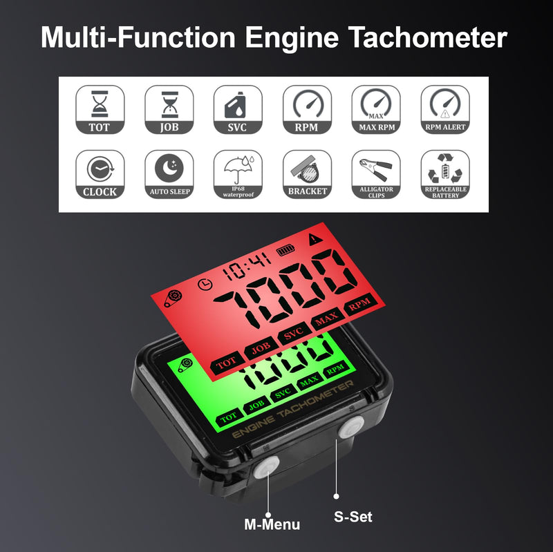 Small Engine Tachometer, Digital Tachometer Tach Gauge with Clip, Inductive Hour Meter Battery Replacement for Gas Small Engine Cropper Generator Lawn Mower RV Chainsaws Outboard Motor