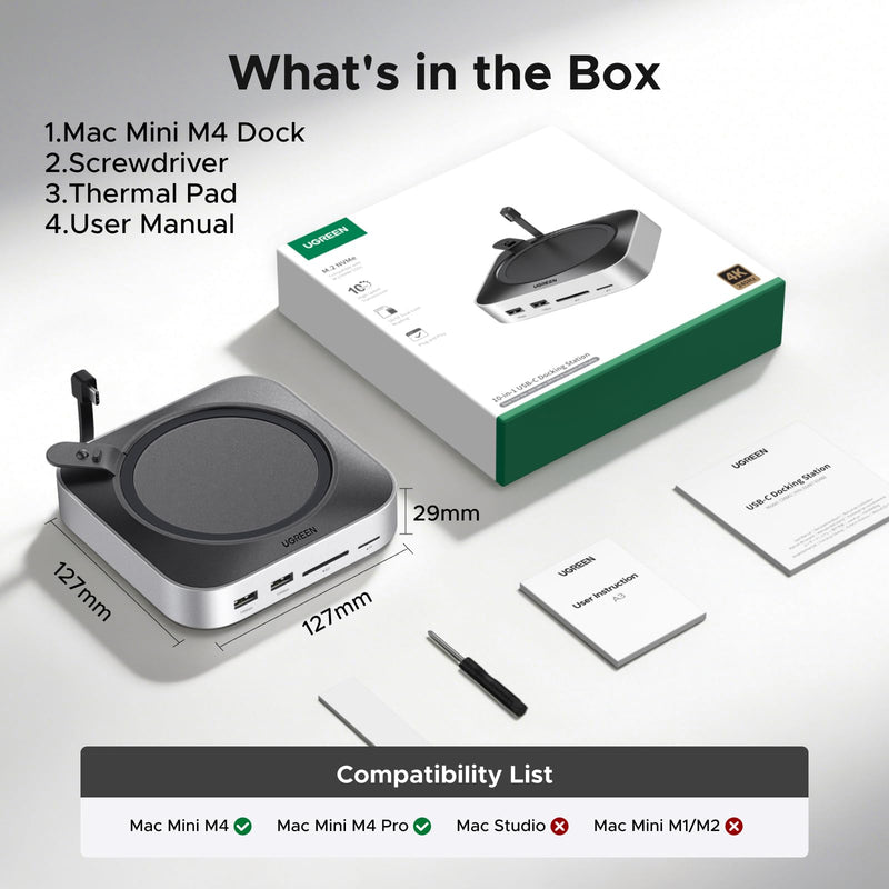 UGREEN Mac mini M4 Dock & Stand with NVMe SSD Enclosure | 3 USB A 10Gbps, USB C Data Port, SD Card Reader for Mac mini M4/ M4 Pro