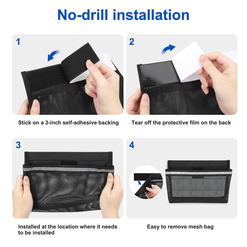 Linkstyle 3PCS Boat Storage Mesh Bag, Self Adhesive Marine Caddy Organizer with Reflective PVC Mesh Bag for Boat Cabin Deck RV Storage Accessories Waterproof black-L