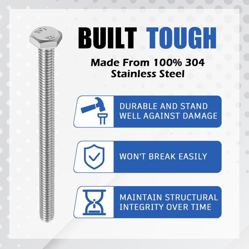 Zonon 50 Pcs 1/4-20 x 3-1/2" Hex Head Screw Bolt 18-8 (304) Stainless Steel Hexagon Bolts, Fully Threaded, Plain Finish, External Hex Drive (Silver) 1/4-20 X 3-1/2" Silver