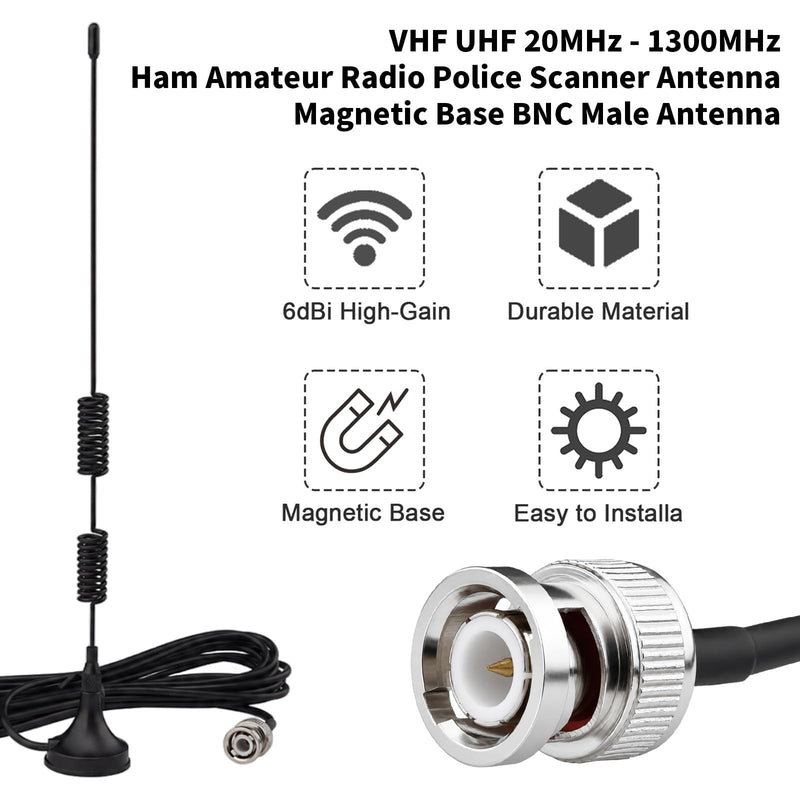 20MHz-1300MHz VHF UHF Ham Amateur Radio Police Scanner Antenna Magnetic Base BNC Male Antenna for Uniden Bearcat BC125AT RTL-SDR Whistler Shack Police Scanner,Kaunosta
