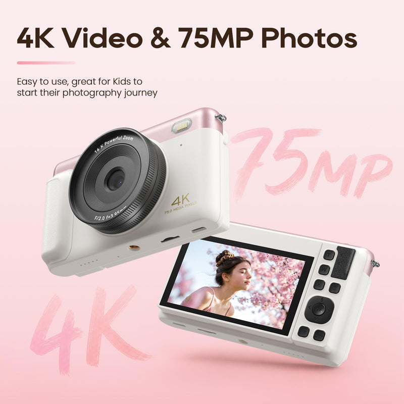 Digital Camera for Teens, 2026 Latest 4K 75MP Autofocus WiFi Vlogging Camera with 3''180° Flip Screen, 16X Zoom, 32GB TF Card, Portable Compact Cameras for Kids Teens Beginner (White)