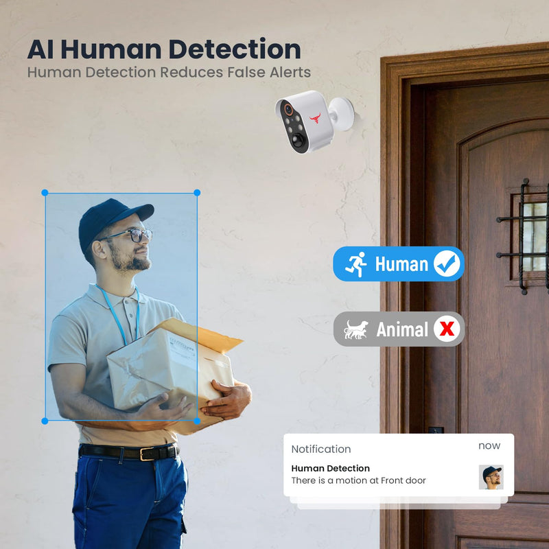 1080p Wireless Security Camera with AI Human Detection, Night Vision, 2-Way Talk, Cloud Storage, Rechargeable Battery Included, Battery Camera for Home Security, 2.4G WiFi 4 Spotlights