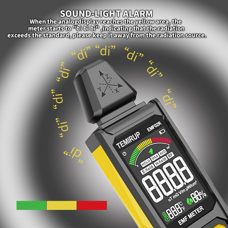 5-in‑1 EMF Detector, Electromagnetic Field Radiation Detector for EF, RF, MF, WiFi,5G Signal, Temperature/Humidity Measurement, Rechargeable EMF Meter for Home, Office, and Paranormal Investigation Yellow