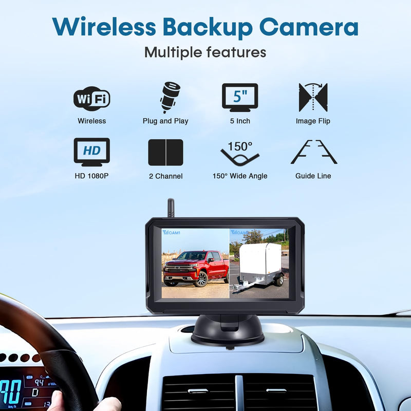 Wireless Backup Camera for Trucks: 5 Inch 1080P HD Display, Rear View Camera, IP69K Waterproof, Night Vision, Dual-Camera Support, DIY Installation, Customizable Parking Lines by Befumly H21 5'' + License Plate Camera