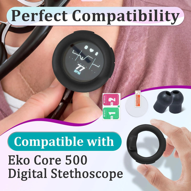 5 Sets Protection Kits Compatible with EKO Core 500 Digital Stethoscope Accessories - 5 Pcs Silicone Protective Cases, Tempered Screen Protectors, Alcohol Packs and 10 Pcs Ear Tips