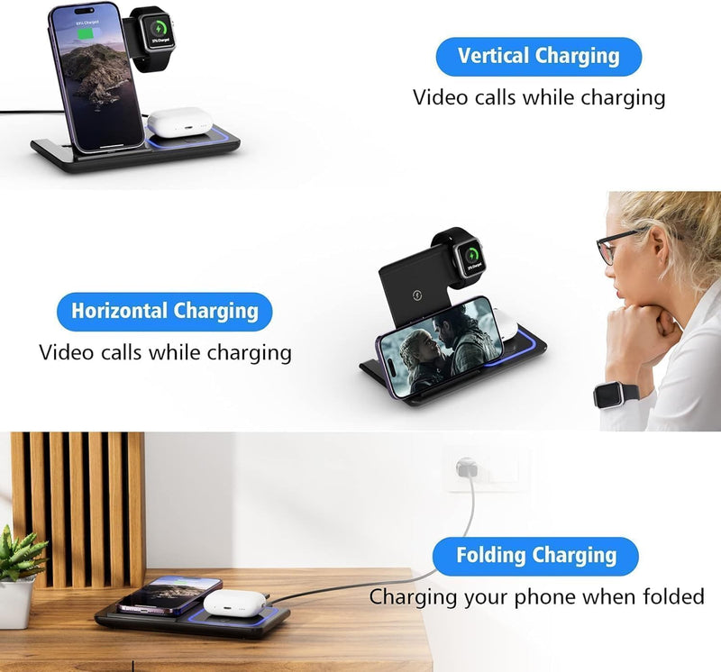 3 in 1 Wireless Charger Charging Station, Wireless Charger Stand for iPhone17 16e 16 15 14 Pro Max 13 12 11,Charging Dock for AirPods 4 3 2 Pro, Apple Watch 11/10/9/Ultra/8/SE/7/6/5/4/3 Black