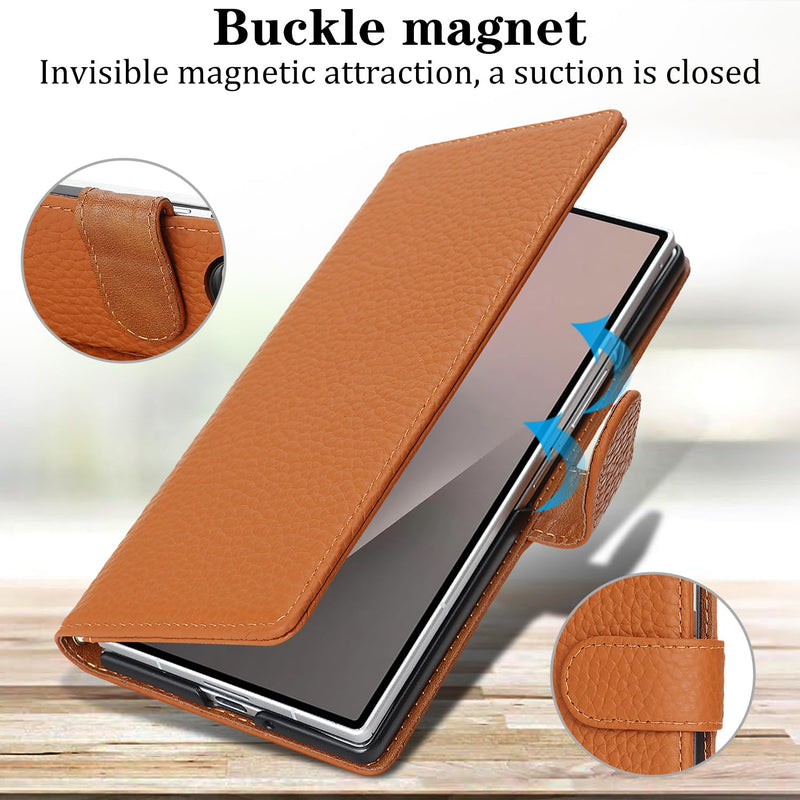 Genuine Leather Case for Galaxy Z Fold6 Wallet Case for Samsung Galaxy Z Fold 6 5G Magnetic Flip Cover Book Purse Card Holder Kickstand Shockproof Phone Cover-Brown Brown