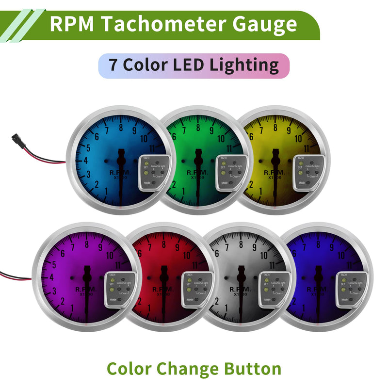 5" 127mm Tachometer Gauge Colorful Pointer RPM Tachometer Tach Gauge 0-11000RPM W/Sensor and Bracket Car DC 12V