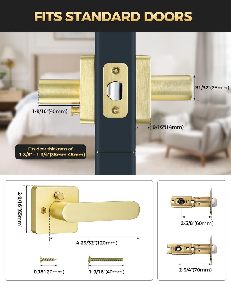 Brushed Gold Door Handles Interior for Bedroom & Bathroom, 1 Pack | Heavy Duty Zinc Alloy, Modern Thick Door Lever with Lock, Keyless Privacy, Reversible Left or Right Handed, Adjustable Latch Brushed Gold