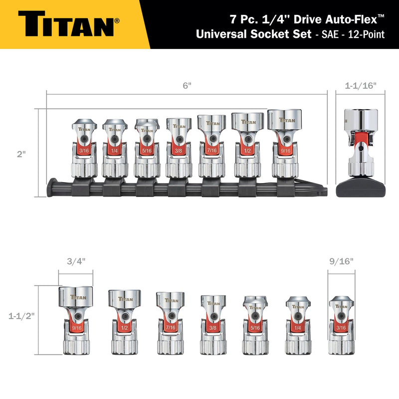 Titan 66860 7-Piece 1/4-Inch Drive SAE Auto Flex Universal Socket Set, 12-Point, 3/16-Inch to 9/16-Inch 0.188 - 0.563 Inch