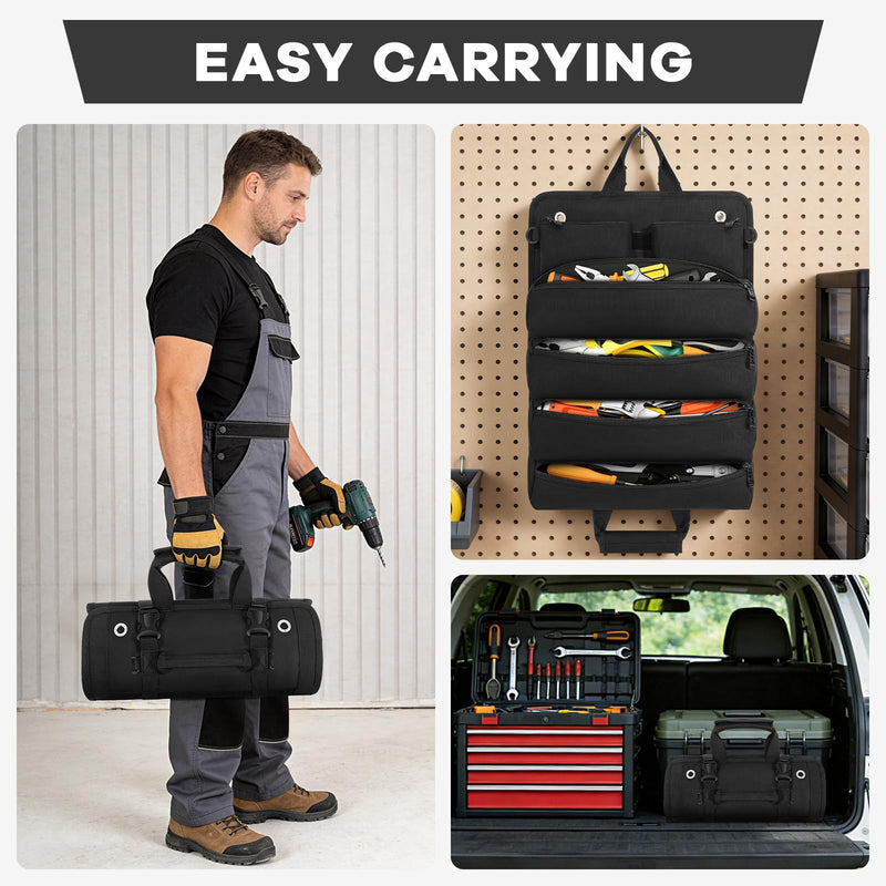 ANILD 13 Inch Roll Up Tool Bag Organizer, Heavy Duty Portable Tool Roll Organizer Bag with 2 Detachable Pouches, Father’s Day Gift, Gifts for Men, Electrician, Mechanic & Hobbyist (Black, Regular) Black