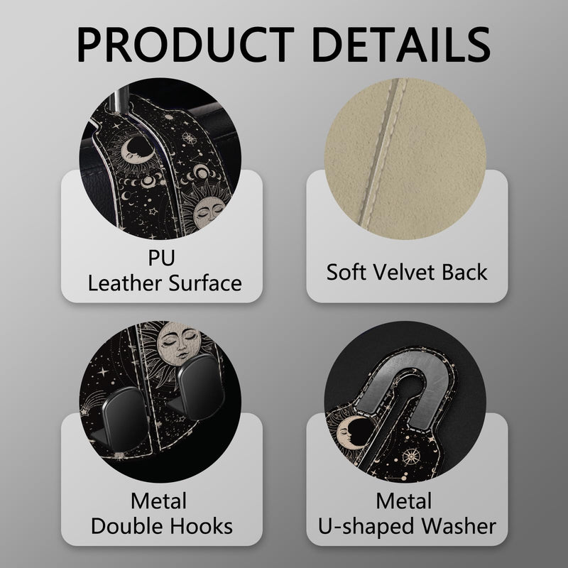 2PCS Car Seat Back Storage Headrest Hooks, Sun and Moon Purse Holder Bags Hanger, PU Leather Double Metal Hook for Backseat Organizer, Women Car Accessories Organization