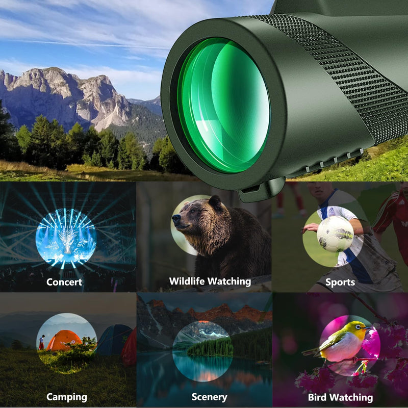 80x100 HD Monocular Telescope for Adults with Smartphone - High Power Monocular with Adapter Lightweight BAK-4 Prism Monoculars for Bird Watching Stargazing Hunting Camping Hiking Travel Green-mm