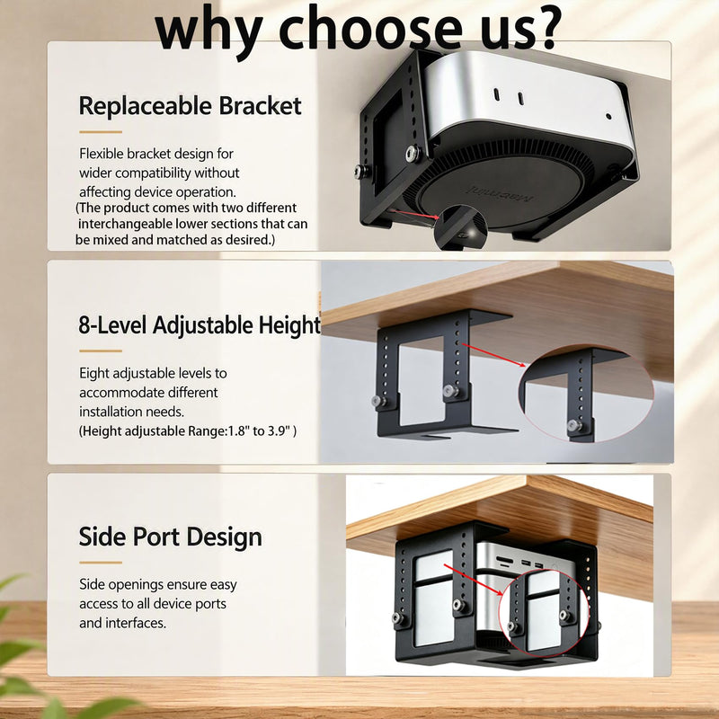 8-Level Height Adjustable Metal Under Desk Mini PC Mount Bracket | 1.8" to 3.9" height adjustable, with two different interchangeable lower components, Side Port Design, Space-Saving