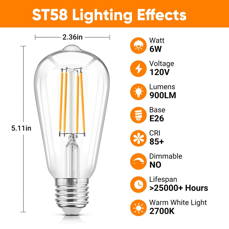 WIHTU LED Light Bulbs, Bright Vintage 6W LED Edison Bulbs, St58 2700K Warm Light with CRI 85+, E26 Standard Base, 900LUM, Non-Dimmable, Clear Glass, Pack of 12 12 Pack 2700k Warm White