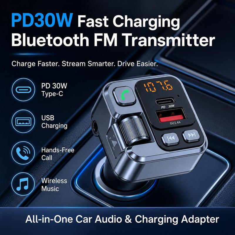 Bluetooth Transmitter Car Adapter, Cigarette Lighter Adapter | Car Charger USB & Type C PD 30W Fast Charging Wireless Music MP3 Player, Audio Receiver, AUX Output, Hands-Free Call