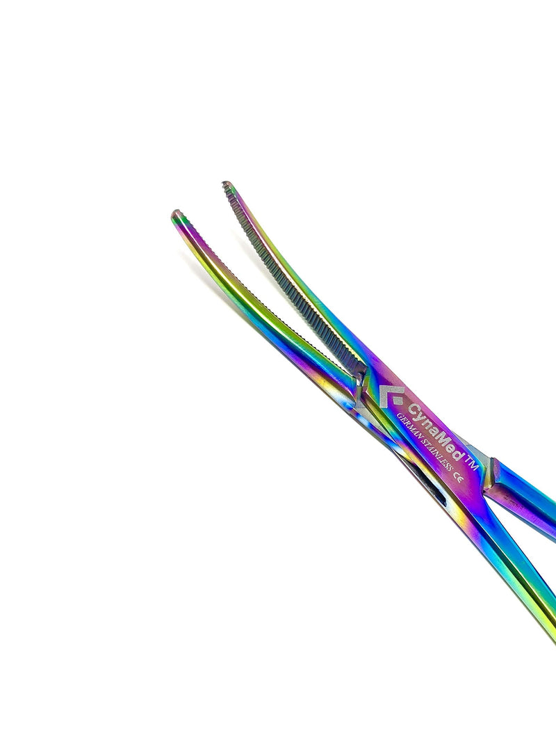 Cynamed Artzone Multi Color Hemostat Forceps with Serrated Jaws, Stainless Steel Rainbow Pliers 6.25 in. Curved