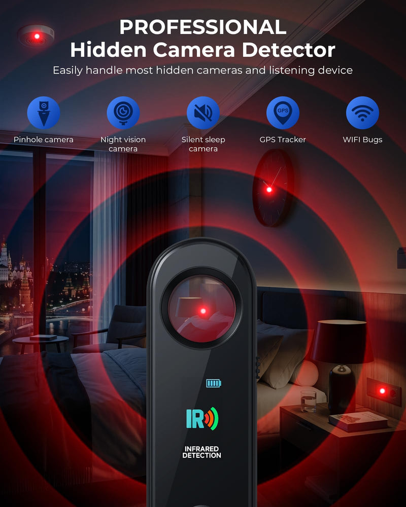 7-in-1 Hidden Camera Detectors, Auto-Detection Anti-Spy Camera Finder | LED Display, AI Chip 25H Battery Wireless GPS Tracker & Bug Detector, Portable RF Signal Scanner for Hotel, Airbnb, Car