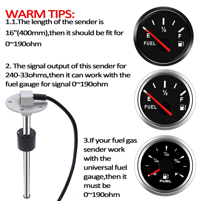 KAOLALI Fuel Gas Sender Stainless Steel Fuel Sending Unit Marine Boat Water Level Gauge Sensor 5 Hole fit Fuel &Water Gauge 0~190ohm 240~33ohm (0-190ohm, 16"(400mm)) 0-190ohm 16"(400mm)