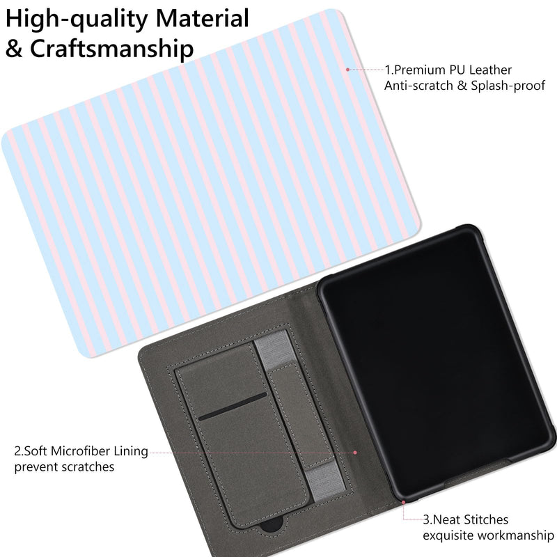 Stand Case for 7" Kindle Paperwhite 12th Pink Blue Stripes | Compatible with Kindle Colorsoft Signature Edition 2024 with Hand Strap | Slim Leather Protective Cover with Auto Sleep/Wake 7" Kindle Paperwhite 12th Generation