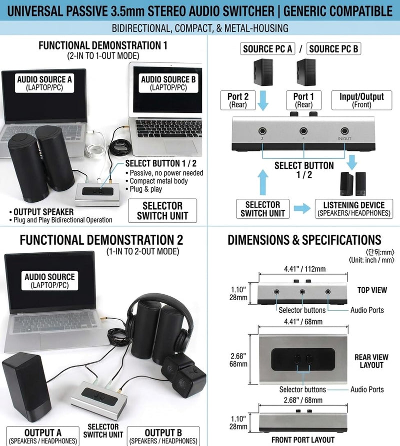 3.5mm Audio Switch, 2 in 1 Out & 1 in 2 Out Audio Selector Switch, Stereo Speaker Switch Box for PC, Laptop, Headphones and Speakers