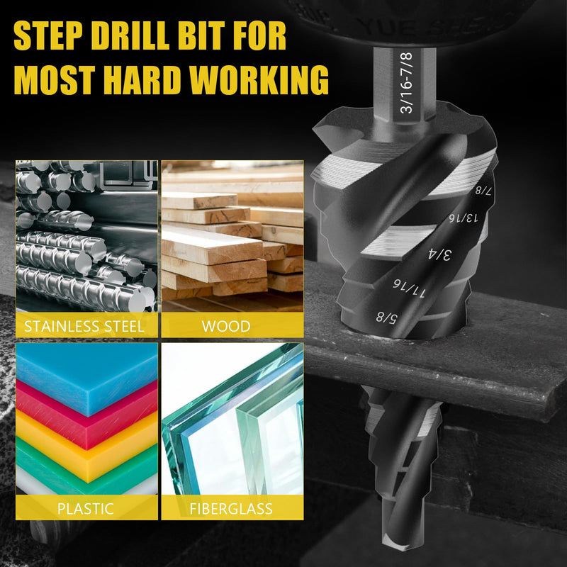 5 Pcs Four Spiral Flute Step Drill Bit Set & 6 Pcs Countersink Drill Bits with Tool Box, Nitriding HSS Drill Bits for Metal, Aluminum, Wood, Plastic