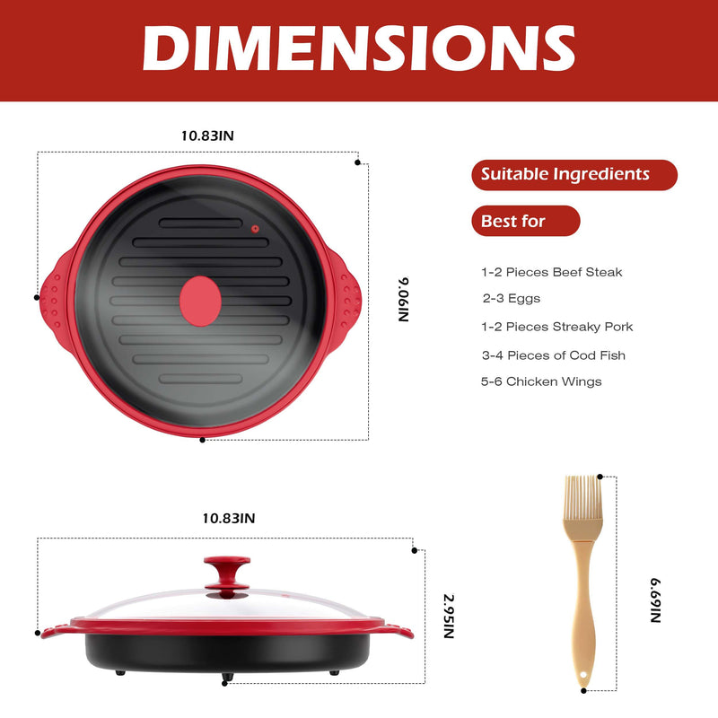 Microwave Grill Pan with Glass Splatter Cover（BPA Free） | Nonstick Microwave Crisper Pan & Cookware Accessories for Grilling Meat, Sandwich, Chicken Wings, Sausage,Dishwasher Safe Red+Glass