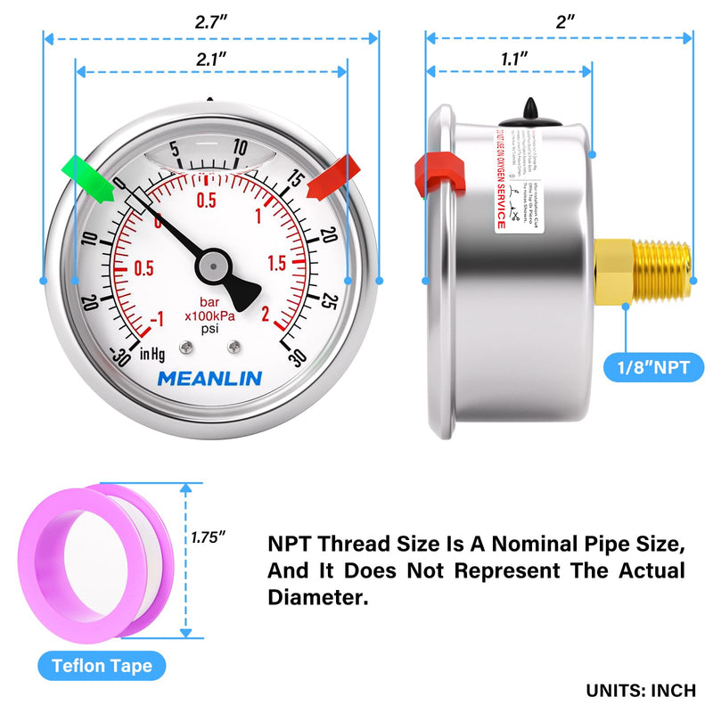MEANLIN MEASURE -30inHG~30Psi Vacuum Pressure Gauge 1/8" NPT 2.5" FACE DIAL, Stainless Steel Liquid Filled Pressure Gauge WOG Water Oil Air Center Back Mount (with 2PCS Snaps) -15-30Psi Back Mount (1/8NPT)