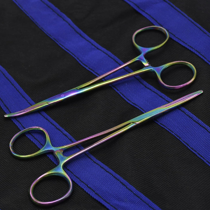 2 Hemostat Curved and Straight Hemostat Forceps Piercing Pliers Multi Color Rainbow Forceps with Serrated Jaws, 5.5 Inch Stainless Steel Straight and Curved Pliers,Fishing Tweezer Hemostats