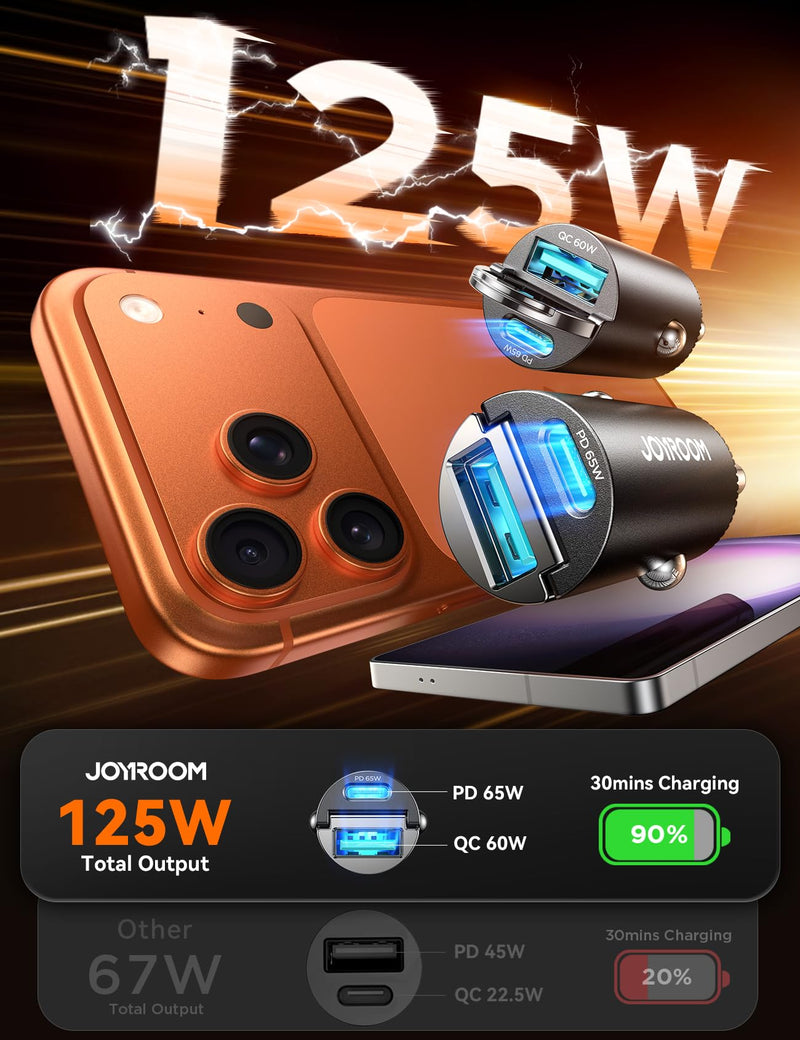 JOYROOM 2-Pack 125W USB-C Car Charger, 2-Port Cigarette Lighter USB Charger | Low Profile Flush Fit w/ Pull Ring, 65W PD USB-C + 60W QC USB-A, Dual-Port Fast Car Charger for iPhone, Galaxy, Pixel, iPad