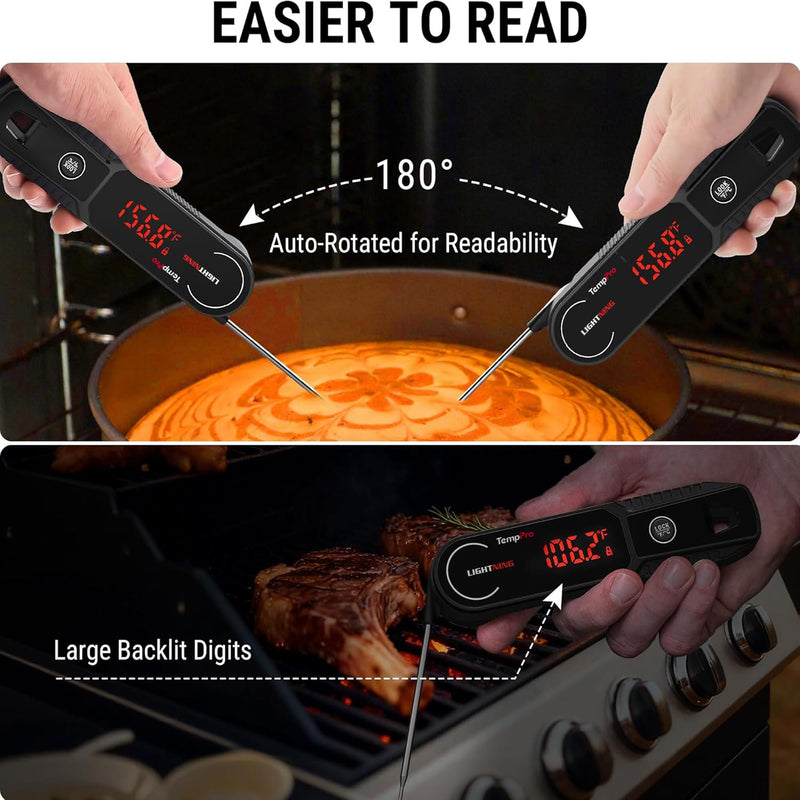 TempPro Lightning 0.5 Sec Instant Read Meat Thermometer, Kitchen Food Thermometer with 180° Rotating Display, IP67 Waterproof Cooking Thermometer for Deep Fry Smoker BBQ Grill (Previously ThermoPro) Black