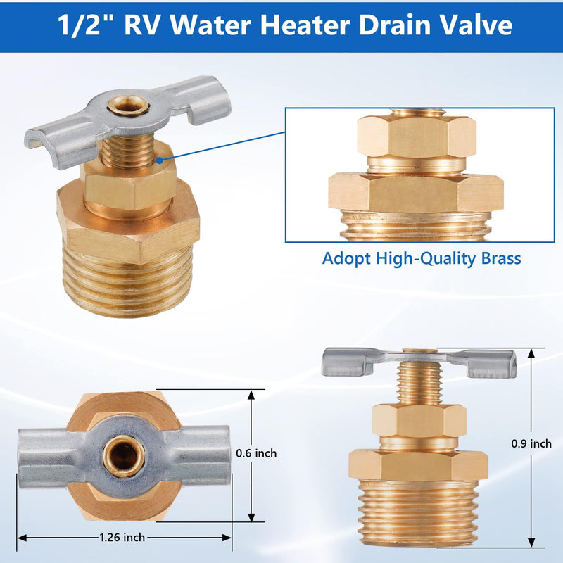 Dreyoo 1 Pack 1/2'' RV Water Heater Replacement Drain Valve with Tape, Durable Brass Construction RV Water Heater Drain Plug for RV and Trailer Water Heater