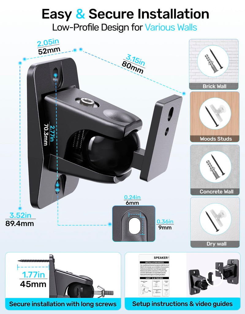 Universal Wall Mount Bracket for Satellite Surround Sound Speakers, 2-Pack | Max 11 lb Load, 360° Rotatable Ball Joint, Fits keyhole, M4/M5/M6 & 1/4"-20 Mounting for Roku Polk Samsung Q990F Q990D & More
