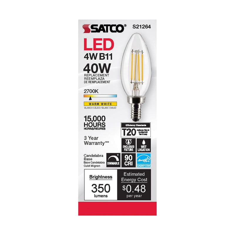 Satco S21264 4W LED Filament B11 Candle Light Bulbs, E12 Candelabra Base, 2700K Warm White, 350 Lumen, Dimmable, Wet Location, Clear, 120V, 6 Pack