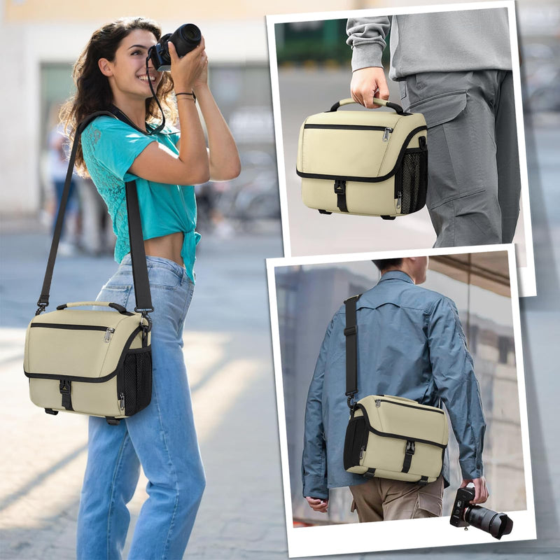 RAINSMORE Camera Bag, DSLR SLR Mirrorless Camera Case for Photographer | Waterproof Camera Sling Bag with Rain Cover & Tripod Holder Soft Padded Crossbody Camera Bag for Sony Canon Nikon Fujifilm Khaki M