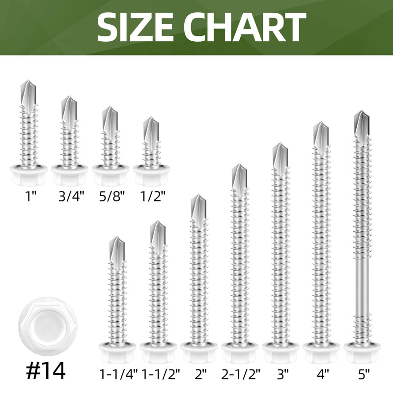 #14 x 6 (30 PCS) White Head Sheet Metal Screws, Hex Washer Head Self Drilling Screw, Flanged Fast Self Tapping Screws, Hex Bit Socket Included #14 x 6"