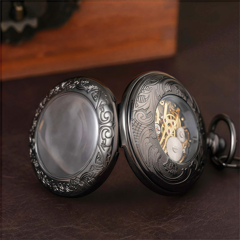 Mechanical Pocket Watch, for Men Women Special Magnifier Half Hunter Engraved Case Roman Numerals with Chain Bronze