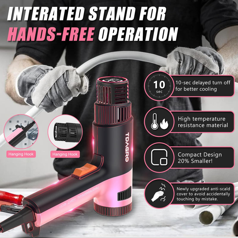 Heat Gun for crafting 1800W, 122℉~1202℉ Variable Temperature Control with 2-Temp Settings 4 Nozzles, 1.5s Fast Heating Mini Heat Gun for Resin, Shrink PVC Tubing/Crafts and Vinyl Wrap（Pink） 1800w Pink
