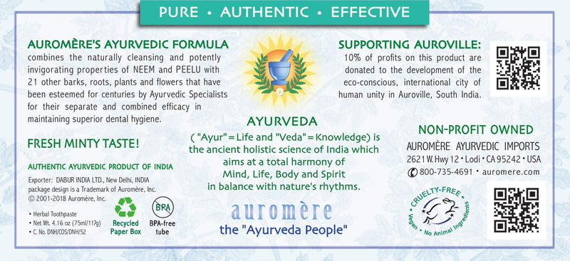 Auromere Ayurvedic Herbal Neem & Clove Toothpaste - All Natural Fluoride Free Toothpaste for Adults and Kids, Suitable for Sensitive Teeth, SLS-Free, Non GMO, Vegan, Cruelty-Free - 5 Pack 4.16 Ounce (Pack of 5)
