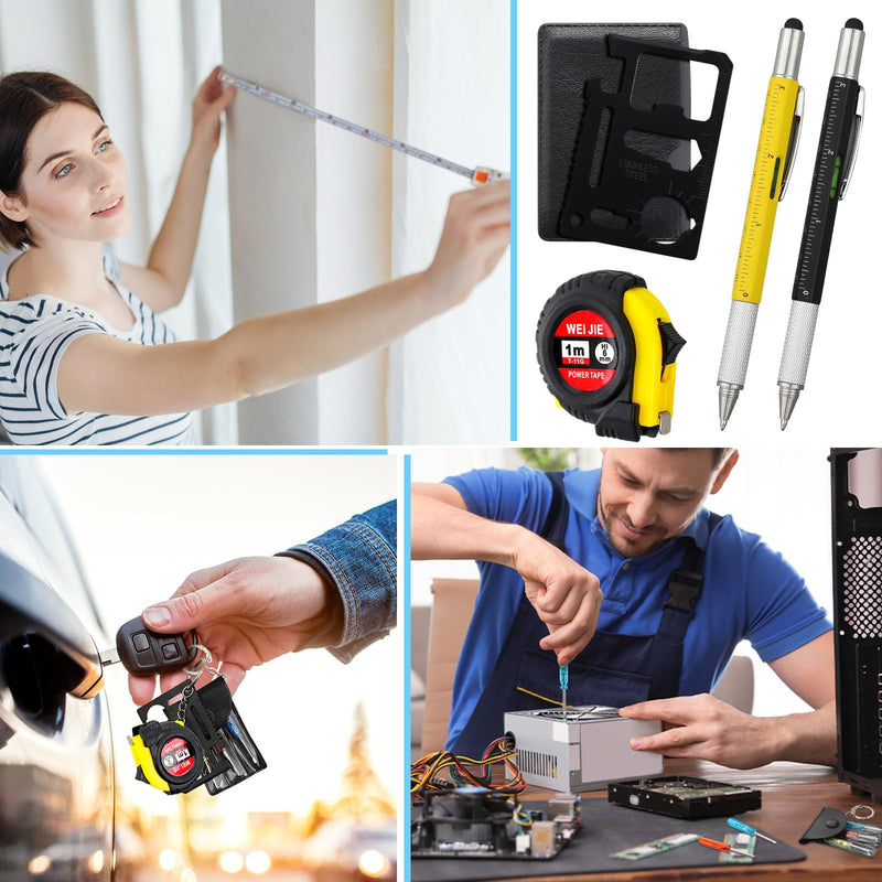 48 Pcs Mini Screwdriver Tape Keychain Set Multitool Pen Card Father's Gifts Bulk Mini Tool Set for Adult Men Dad (Yellow,Black) 48 Yellow,black
