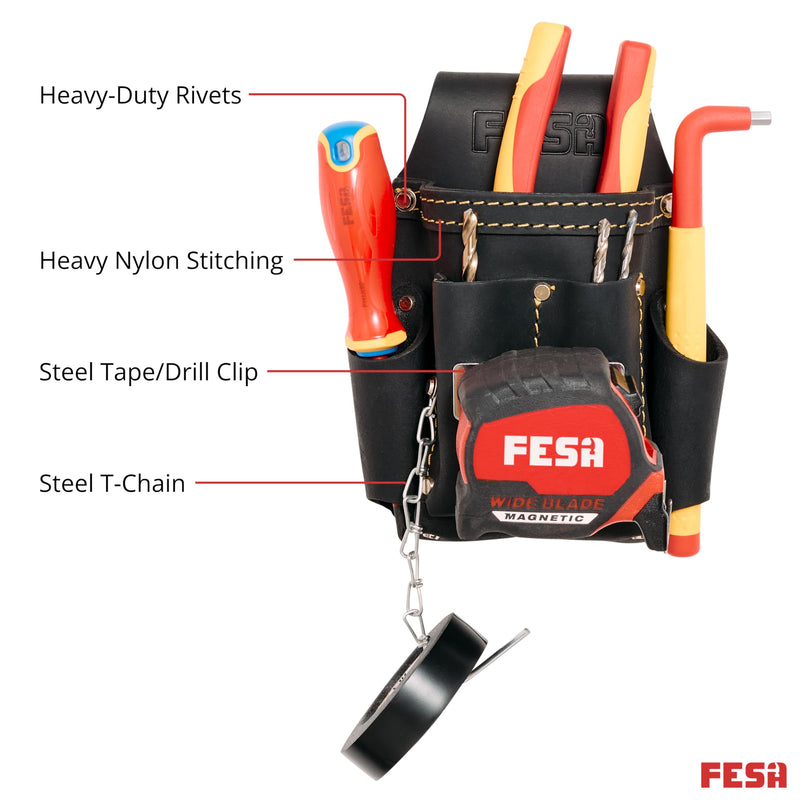 FESA Small Electrician's Tool Pouch - Leather 7-in-1 Small Tool Pouch with Steel Tape Measure or Drill Clip, Tape T-Chain & 5 Pockets - Clip On Any Belt - Handcrafted Black
