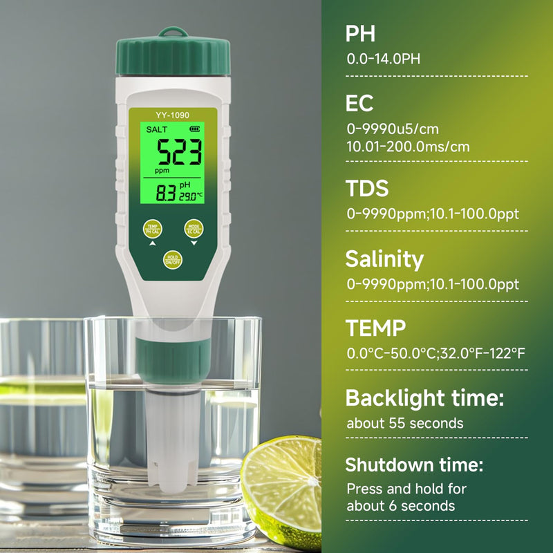 PH Meter & TDS Meter 5 in 1 Water Tester pH/TDS/EC/Salt/Temp Meter,PH Meter for Water with LCD Backlit,pH Tester Digital for Drinking Water. 5-1