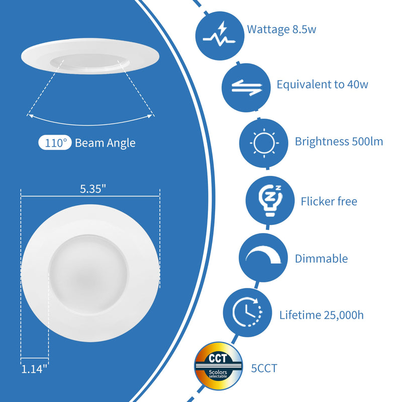 Jolux 4 Inch LED Recessed Lighting,Selectable 2700K/3000K/3500K/4000K/5000K Length Adjustable Retrofit Downlight,8.5W=40W,500LM,Dim,Bevel Trim,Easy Install 4 Pack 5CCT in One (2700K, 3000K, 3500K, 4000K, 5000K) 4 Inch-4 PACK
