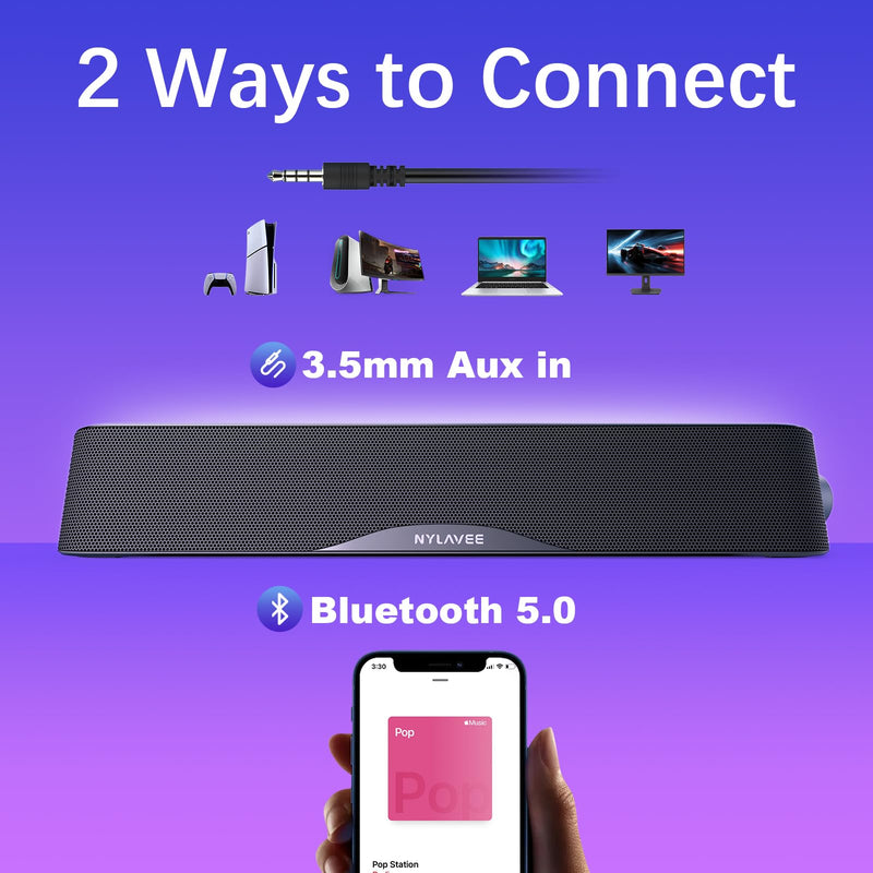 Computer Speakers, HiFi Sound Quality Computer Sound Bar, USB Powered PC Speakers, Bluetooth 5.0 and 3.5mm Aux-in Computer Speakers for Desktop, Laptops, PCs, Phones, Tablets, Xbox, Gaming Speakers