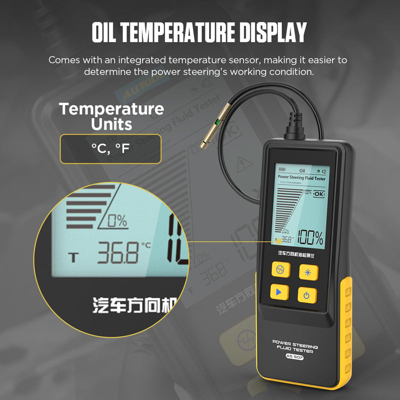 Power Steering Fluid Tester AS507 Auto Check Power Steering Oil Quality Temp. Detector Power Steering Oil Tool with High-Precision Detection Probe,Oil Temp&Transmittance Display,2.8" Backlit Screen