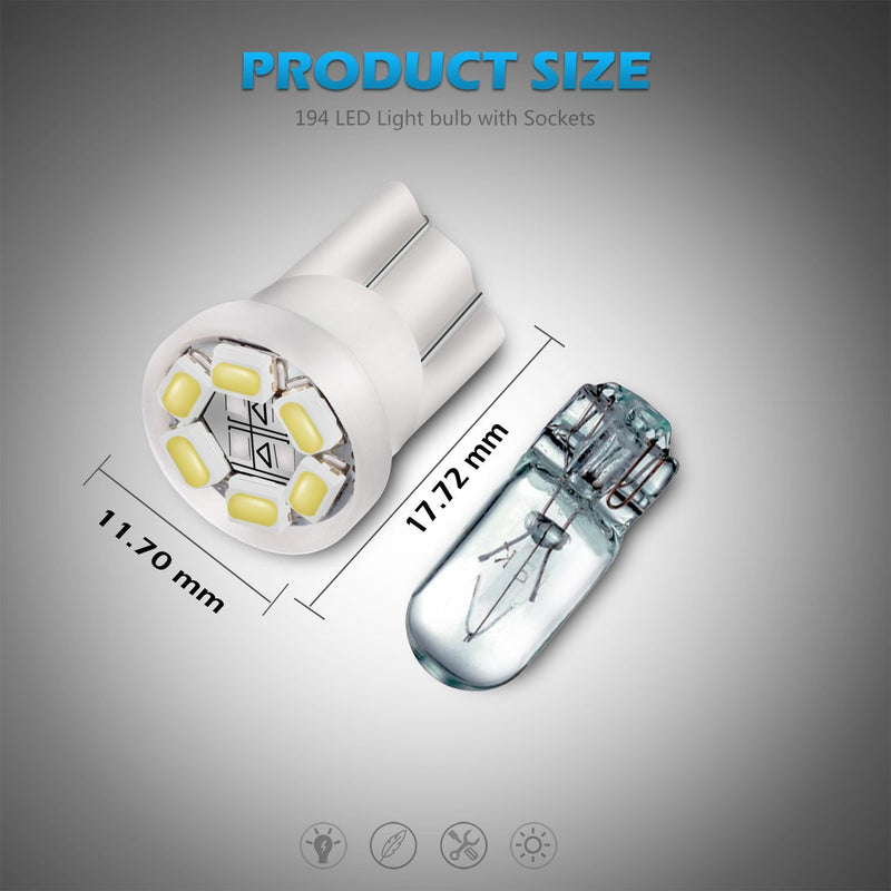 Partsam T10 194 168 LED Dash Instrument Light Bulbs White with Twist Lock Socket, Super Bright T10 Instrument Panel Gauge Cluster Dashboard Lights Bulbs 12V 6-2835-SMD LED Chipset, 10Pcs/Set