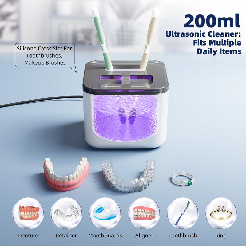 Ultrasonic Retainer Cleaner Machine, Denture Cleaner for Aligners Night Guards Braces Mouth Guards Toothbrush Heads，All-in-One Dental & Jewelry Cleaner, 45kHz 200ML, Dual Modes Ivory