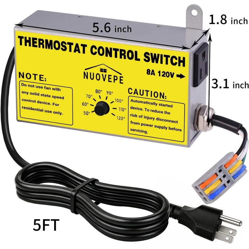 Attic Fan Thermostat Control with Socket & Wire Connector, Adjustable Plug-in Thermostat with Overload Protection, Dual-Fan Compatible Controller for Greenhouse, Workshop, Garage, Vent Fan 1 Pack