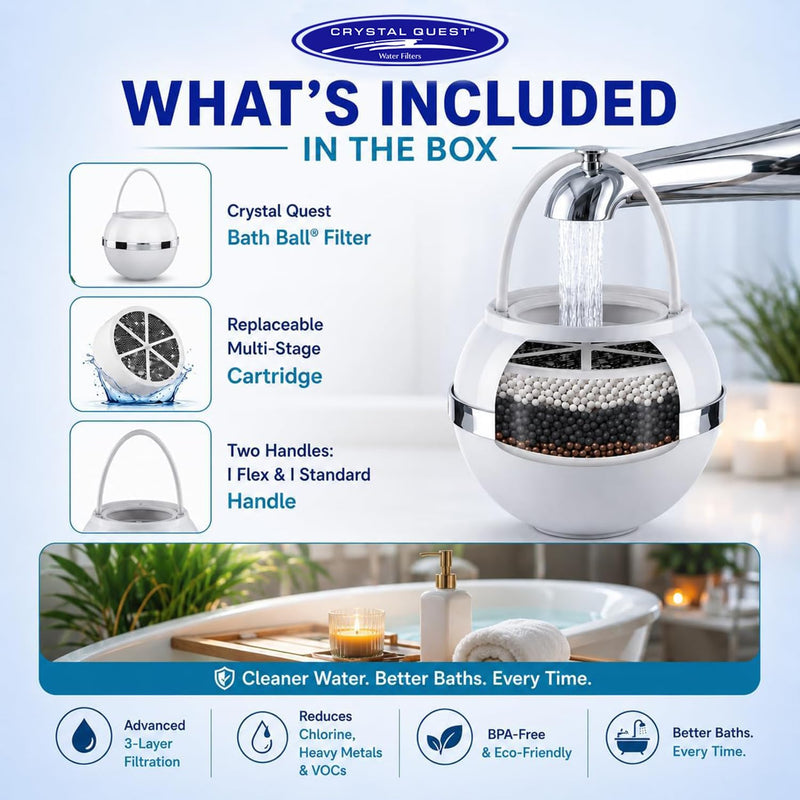 Crystal Quest Bath Ball Filter for Tub Faucet, Bathtub Water Filter, BPA-Free Bathtub Filter, Removes Chlorine, Lead & Impurities, Improves Skin, Hair & Nails, Long Lasting, Fits Most Tubs - White Single Bath Ball